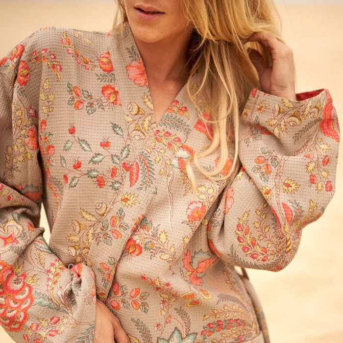 COTTON WAFFLE BATH ROBE KIMONO - PASTEL POSIES