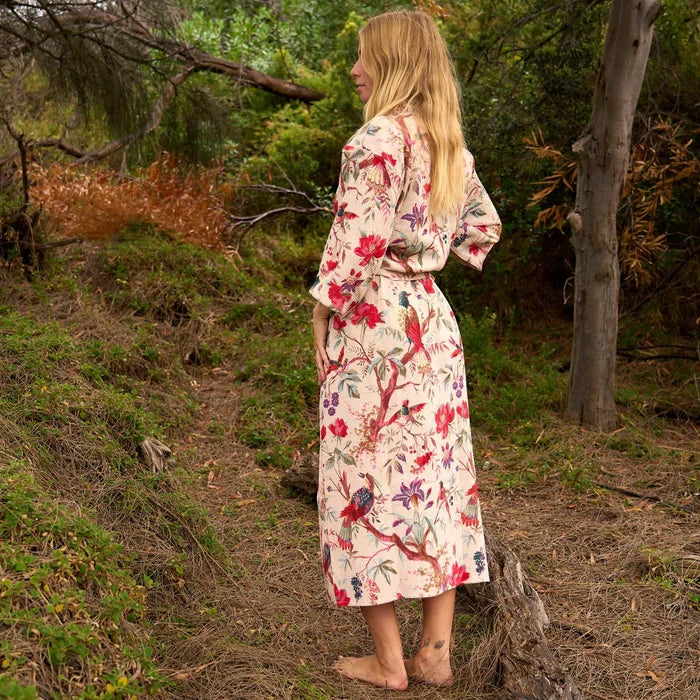 COTTON WAFFLE BATH ROBE KIMONO - PINK ENCHANTED BIRDS