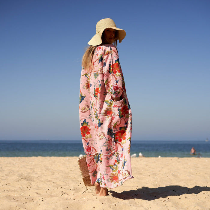 COTTON WAFFLE BATH ROBE KIMONO - PINK SEASIDE VIBES
