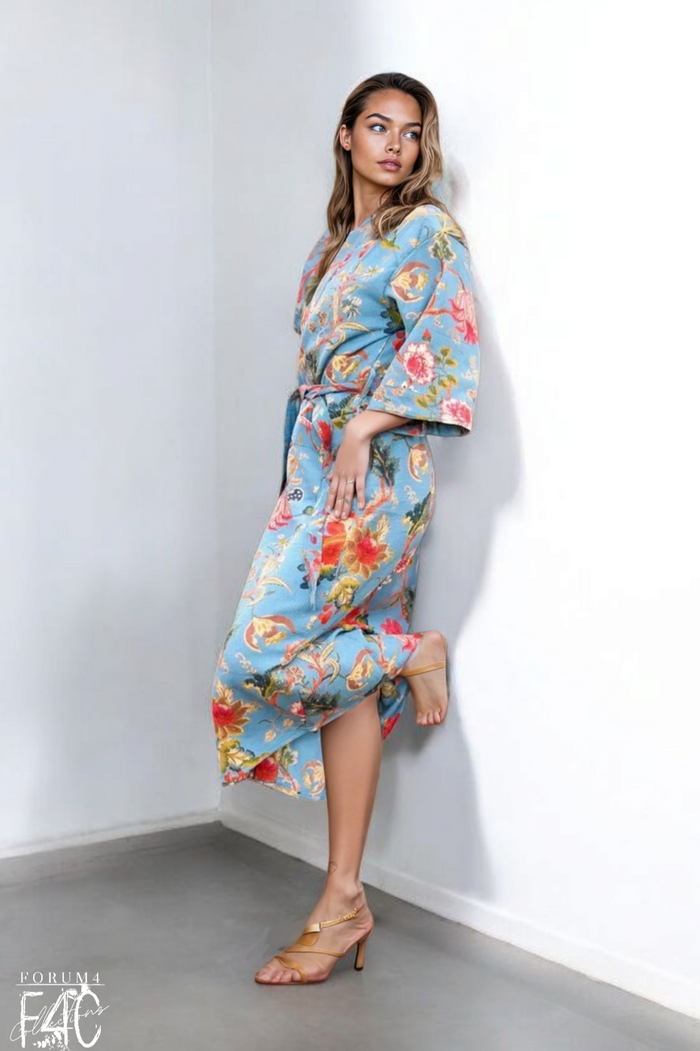 COTTON WAFFLE BATH ROBE KIMONO - SERENE SKY BLUE