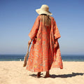 COTTON WAFFLE BATH ROBE KIMONO - TIDAL TANGERINE