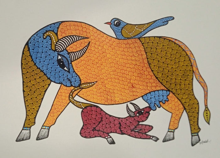 Cow and Calf The Bond of Motherhood - Gond Painting   Paintings