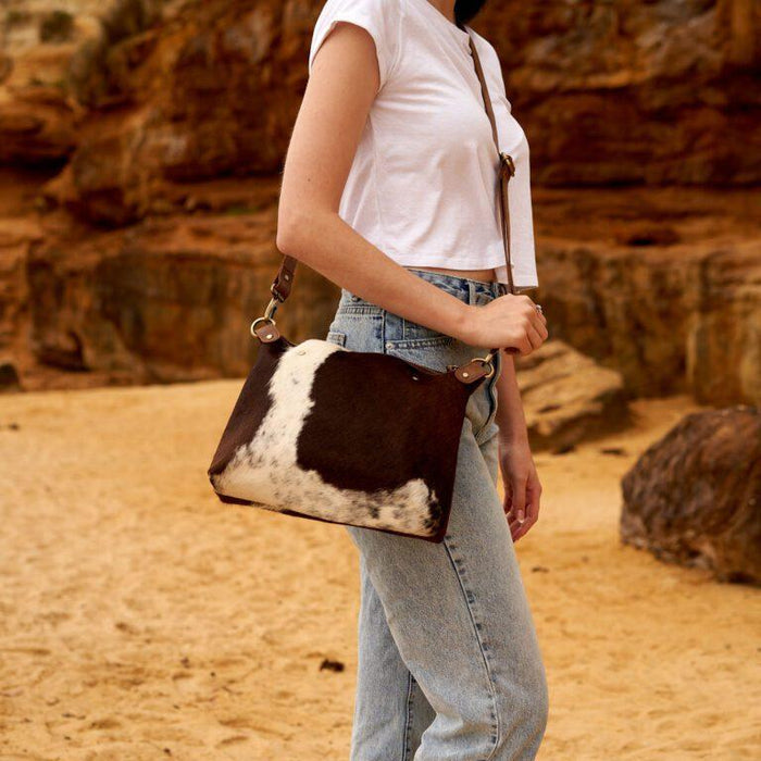 COW HIDE & LEATHER CROSSBODY MODERN HANDBAG