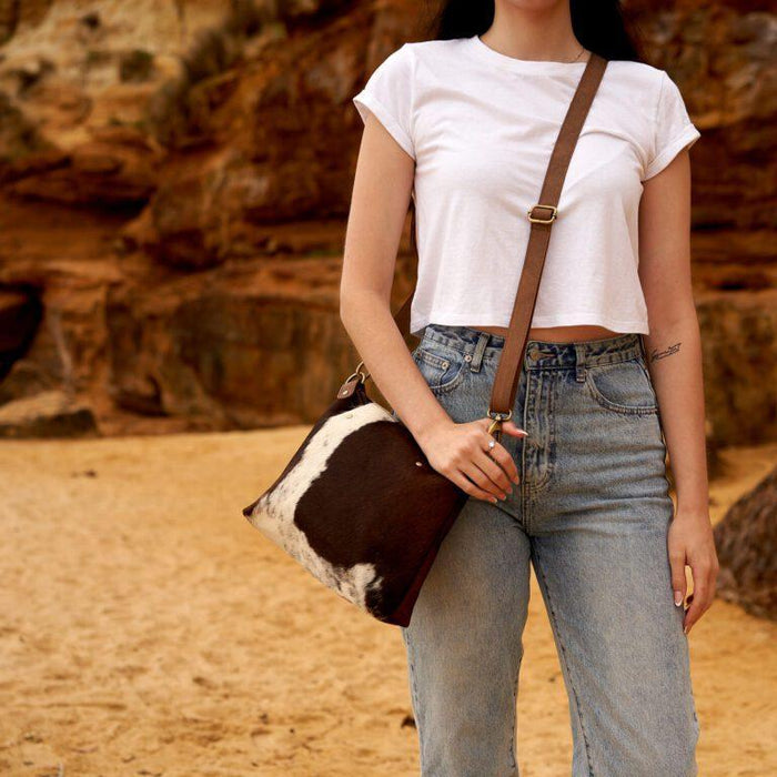 COW HIDE & LEATHER CROSSBODY MODERN HANDBAG