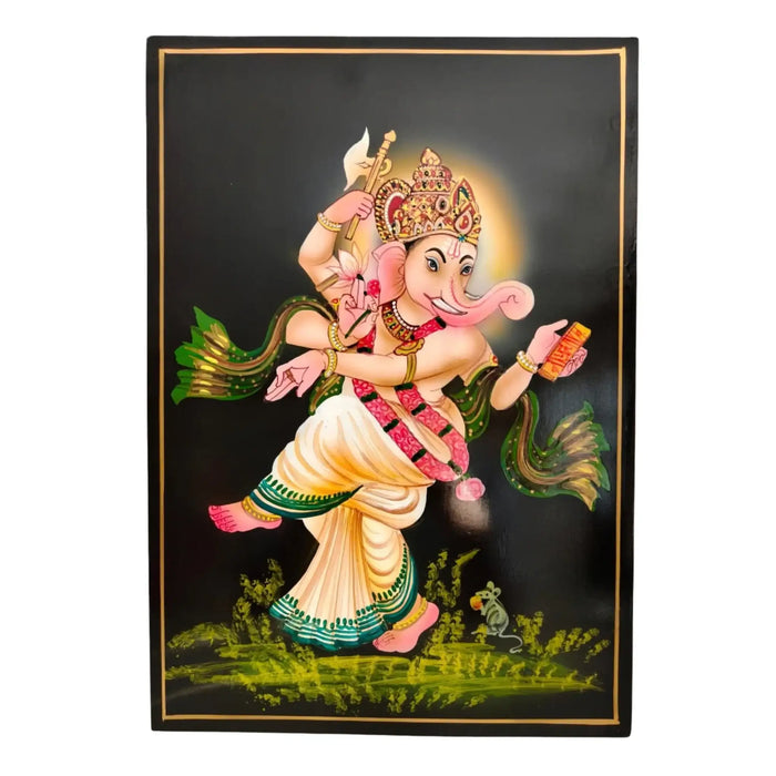 Vibrant Dancing Ganesha Nirmal Painting showcasing intricate details and bright colors.