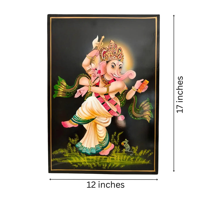 Dancing Ganesha Nirmal Painting. Vibrant colors depict Lord Ganesha dancing joyfully.