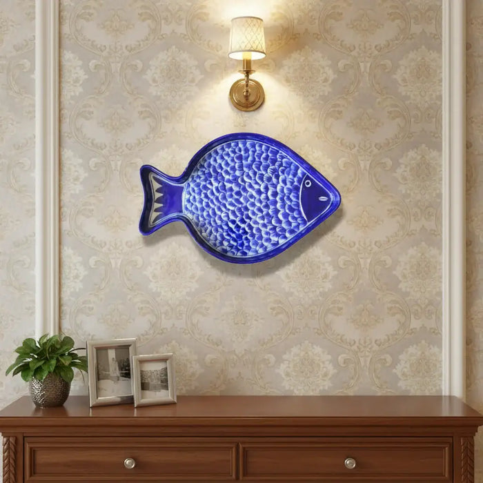 Deep Blue Pottery Fish Wall Decor | Hand-Painted Quartz Art   Pottery