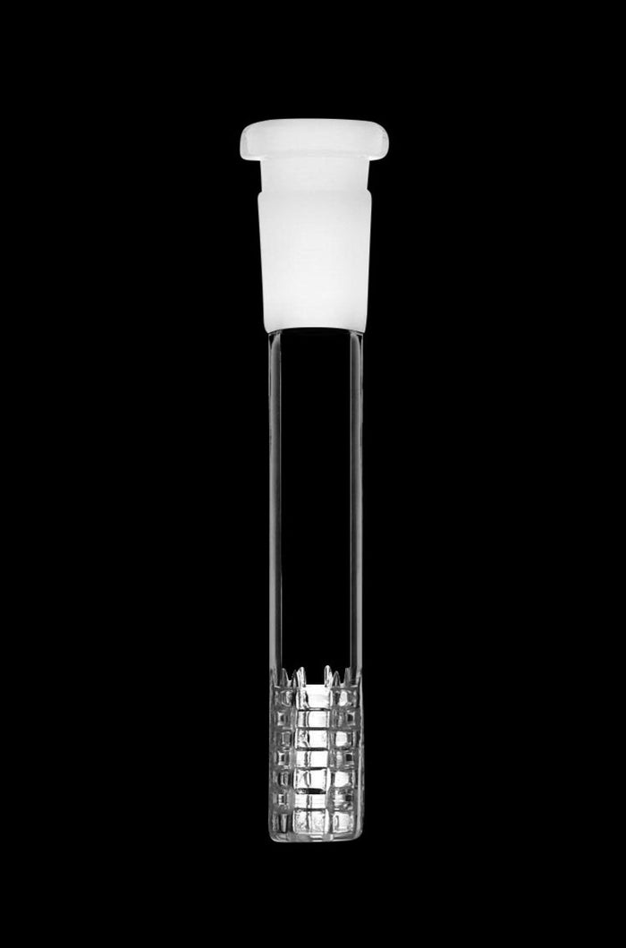 Front view of the Diffused Downstem for Pulsar, a clear glass piece with a ribbed design, isolated on a black background.