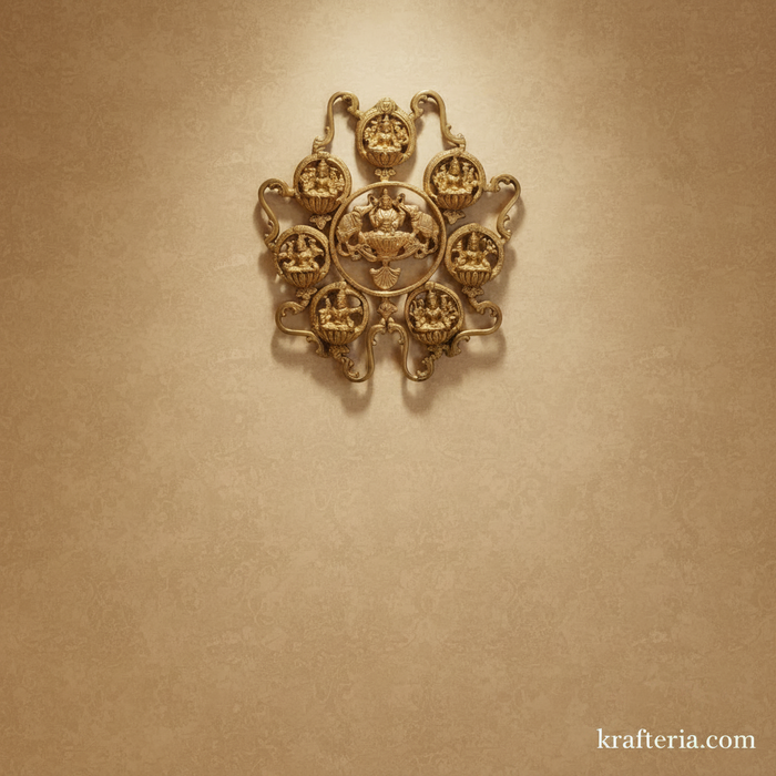 Brass Ashtalakshmi Wall Hanging: divine brass artwork featuring 8 forms of Lakshmi in a mandala design.