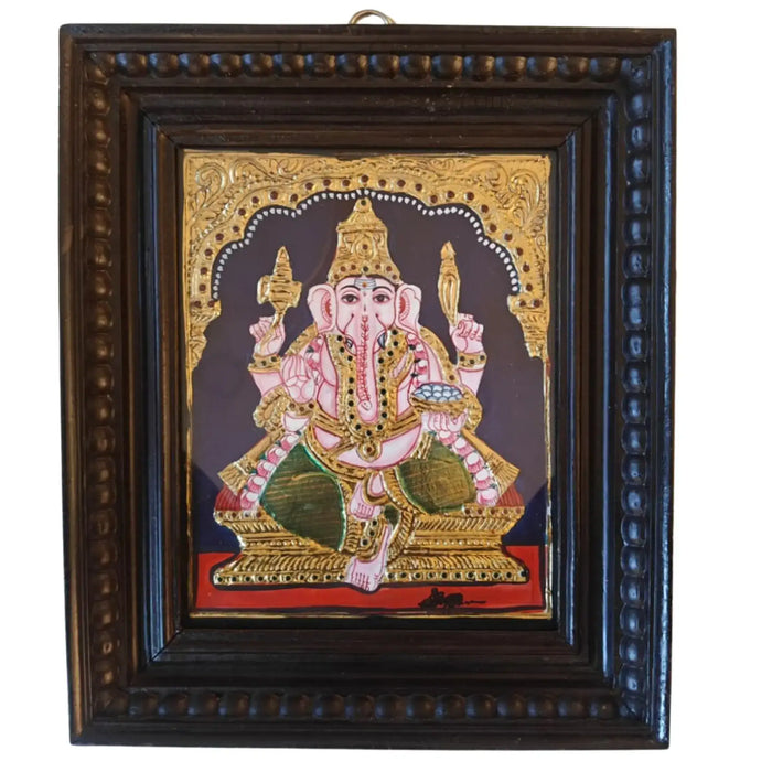 Lord Ganesha Tanjavur painting depicting divine presence, vibrant colors and intricate details.
