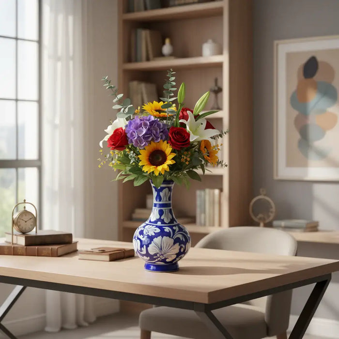 An elegant blue pottery vase with a bulbous body and narrow neck, intricately hand-painted with prominent white floral and leaf patterns on a deep blue background, isolated on a white background.