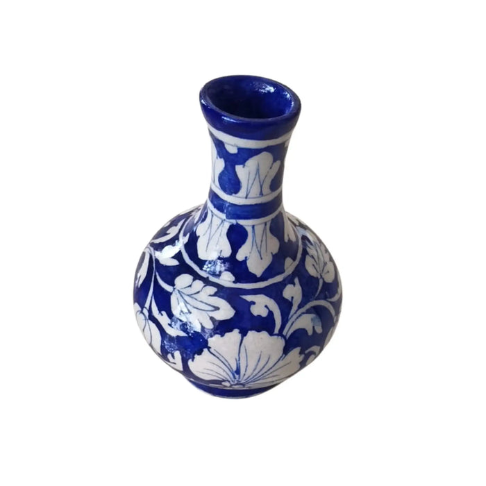 Elegant Blue Pottery Floral Vase | Hand-Painted White on Blue Decor   Pottery