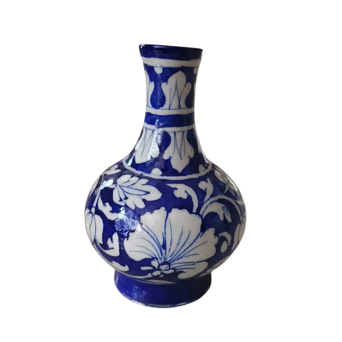 Elegant Blue Pottery Floral Vase | Hand-Painted White on Blue Decor   Pottery