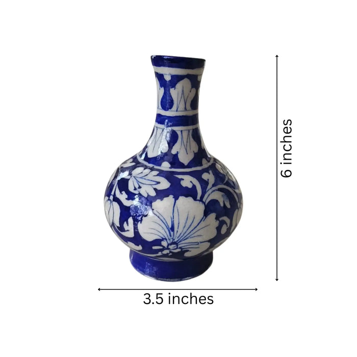 Elegant Blue Pottery Floral Vase | Hand-Painted White on Blue Decor   Pottery