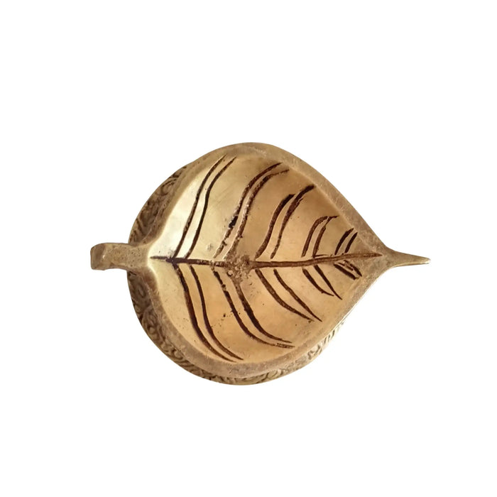 Elegant Brass Leaf-Shaped Diya with Carved Base   Brass Ware