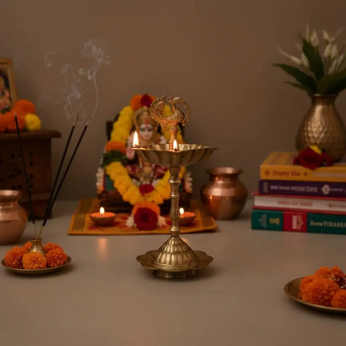 Elegant Traditional Brass Diya Stands (Kuthu Vilakku) with Peacock Finials   Brass Ware