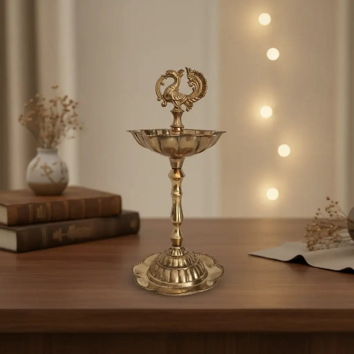 Elegant Traditional Brass Diya Stands (Kuthu Vilakku) with Peacock Finials   Brass Ware