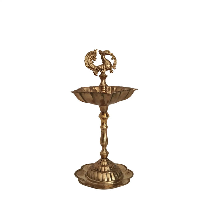 Elegant Traditional Brass Diya Stands (Kuthu Vilakku) with Peacock Finials   Brass Ware