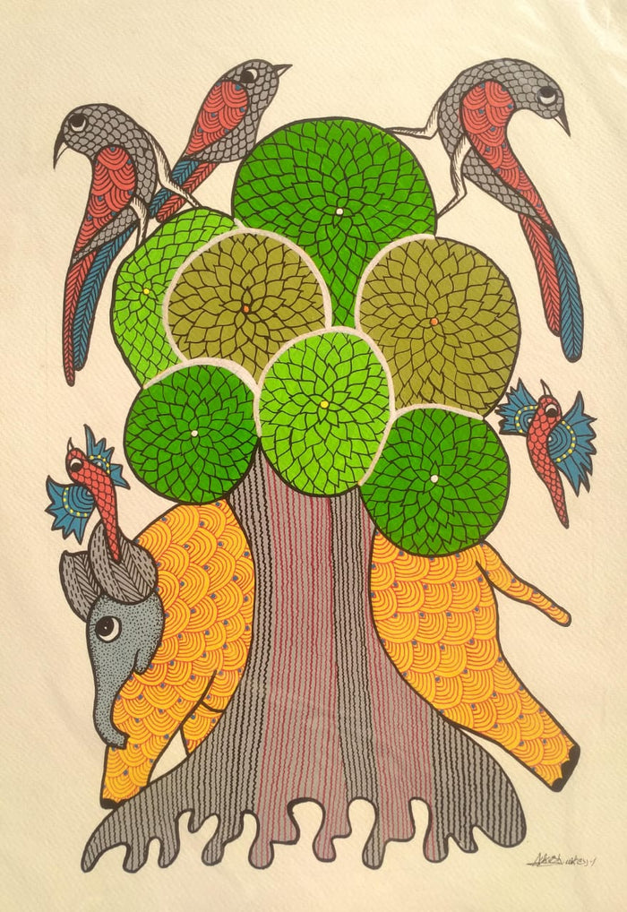 Elephant and the Eternal Tree of Life – Gond Painting   Paintings