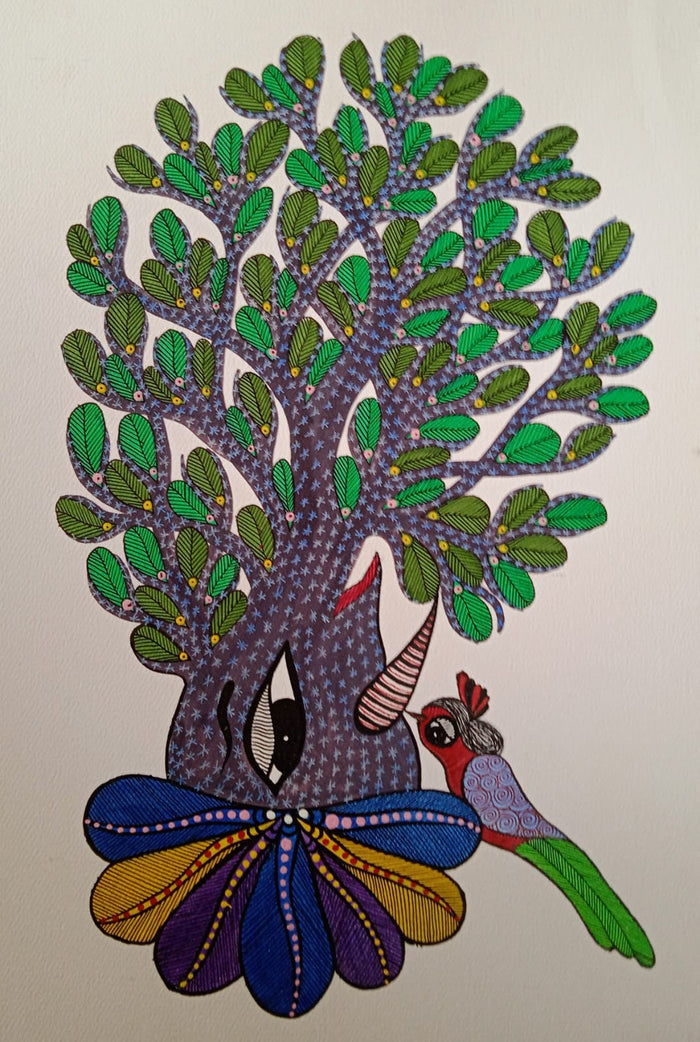 Elephant Tree of Life with Forest Bird – Gond Painting   Paintings