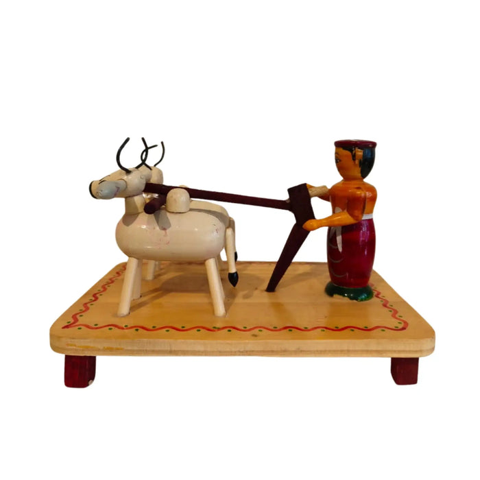 Etikoppaka Lacquer Wood Diorama - Traditional Farmer and Bull Ploughing Scene   Etikoppaka Lacquerware