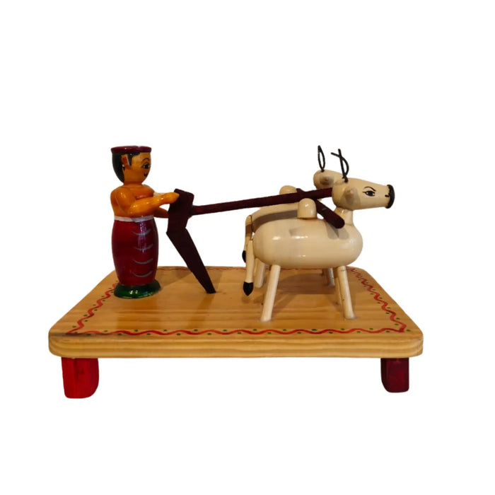 Etikoppaka Lacquer Wood Diorama - Traditional Farmer and Bull Ploughing Scene   Etikoppaka Lacquerware