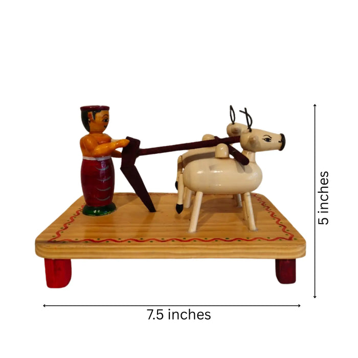 Etikoppaka Lacquer Wood Diorama - Traditional Farmer and Bull Ploughing Scene   Etikoppaka Lacquerware