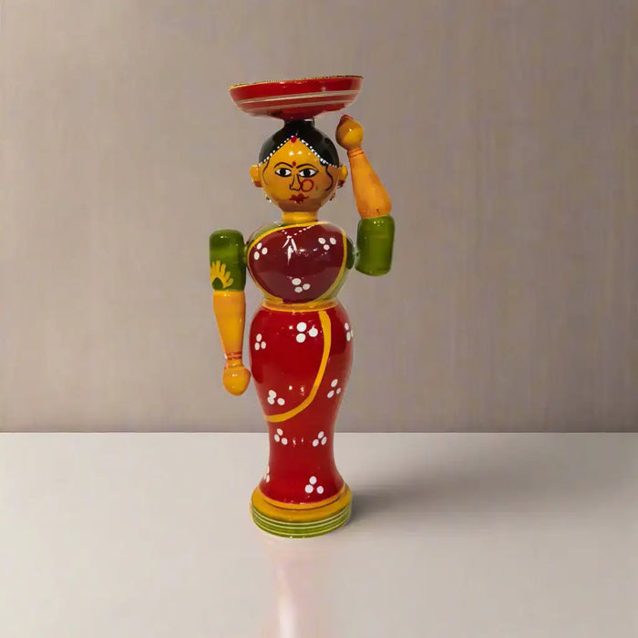 Etikoppaka Lacquerware Woman with Platter - Traditional Indian Server Figurine   Etikoppaka Lacquerware