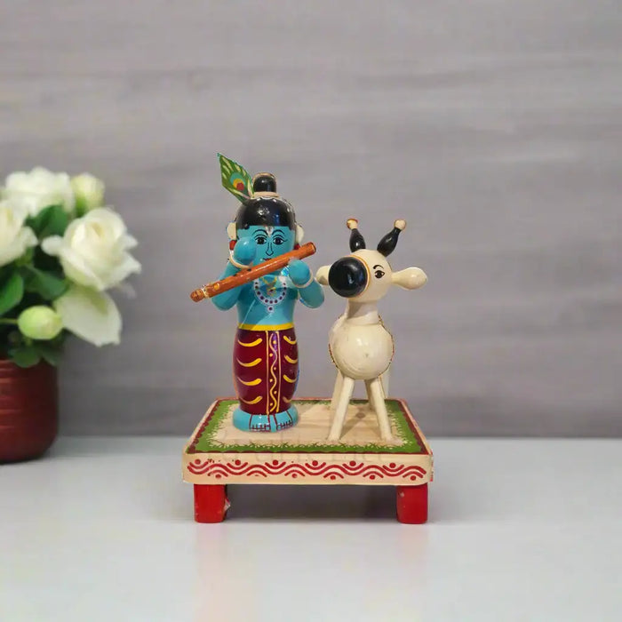 Etikoppaka Wooden Krishna with Sacred Cow   Etikoppaka Lacquerware