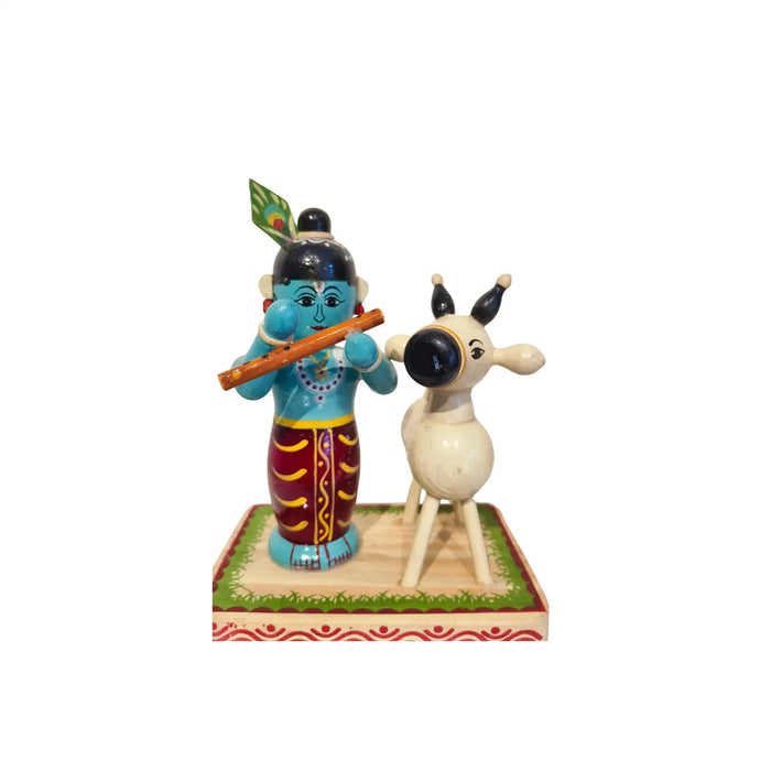 Etikoppaka Wooden Krishna with Sacred Cow   Etikoppaka Lacquerware