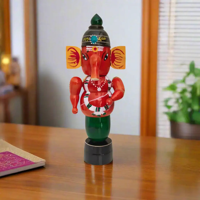 Etikoppaka Wooden Lord Ganesha Idol – Red and Green Lacquerware   Etikoppaka Lacquerware