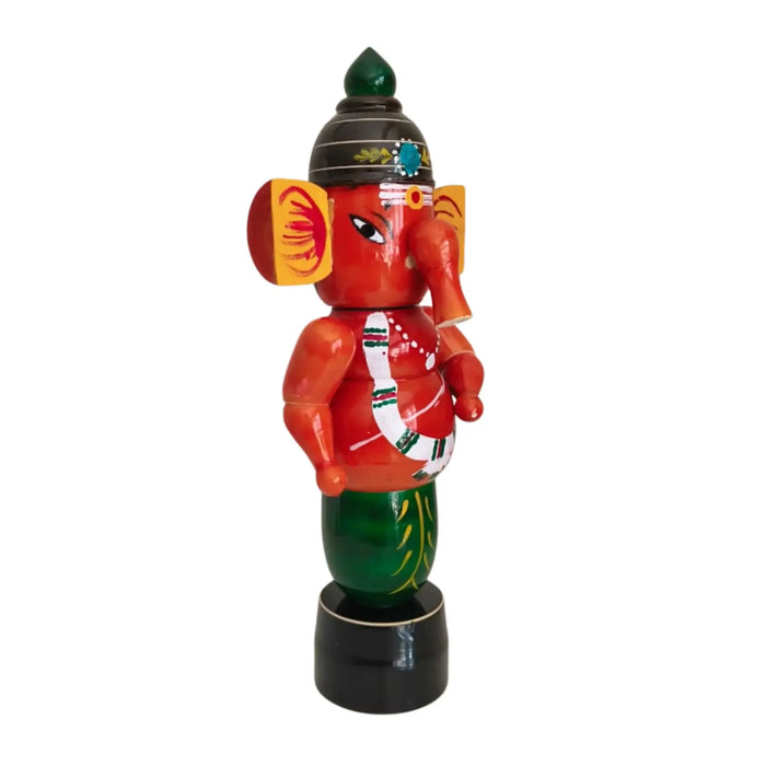 Etikoppaka Wooden Lord Ganesha Idol – Red and Green Lacquerware   Etikoppaka Lacquerware