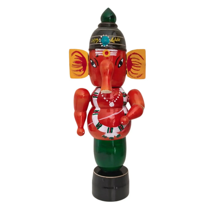Etikoppaka Wooden Lord Ganesha Idol – Red and Green Lacquerware   Etikoppaka Lacquerware