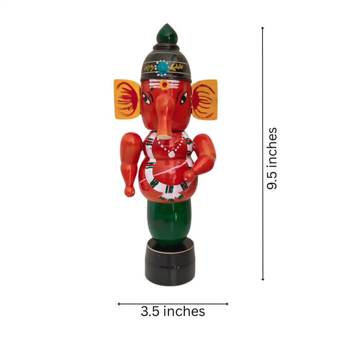 Etikoppaka Wooden Lord Ganesha Idol – Red and Green Lacquerware   Etikoppaka Lacquerware