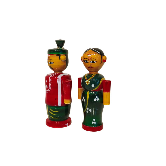 Etikoppaka Wooden Marriage Couple Figurines - Traditional South Indian Attire   Etikoppaka Lacquerware