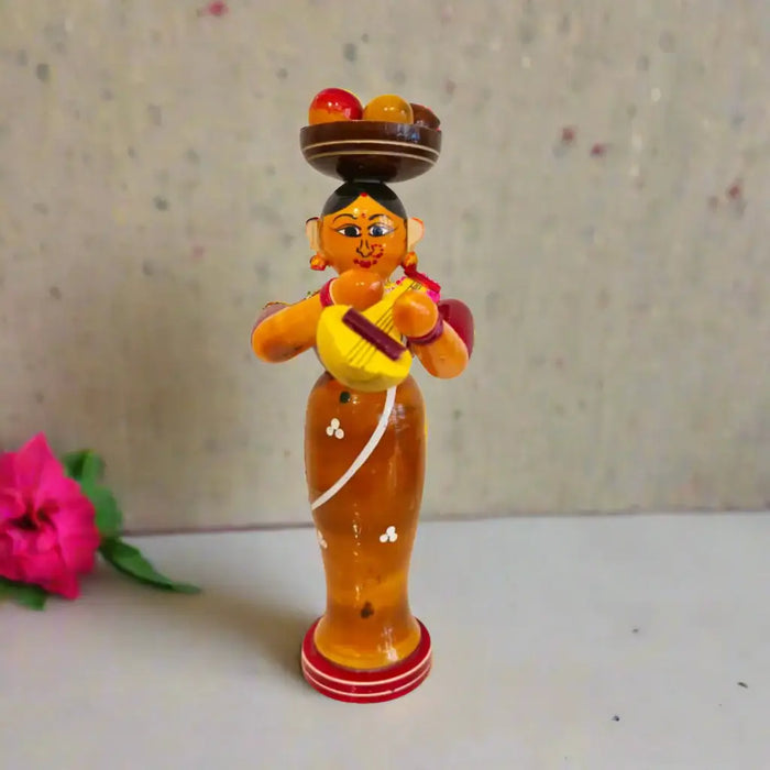 Etikoppaka Wooden Standing Woman Musician with Head Load   Etikoppaka Lacquerware