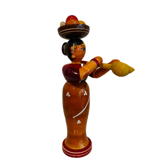 Etikoppaka Wooden Standing Woman Musician with Head Load   Etikoppaka Lacquerware