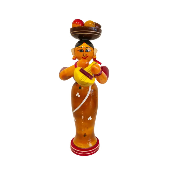 Etikoppaka Wooden Standing Woman Musician with Head Load   Etikoppaka Lacquerware