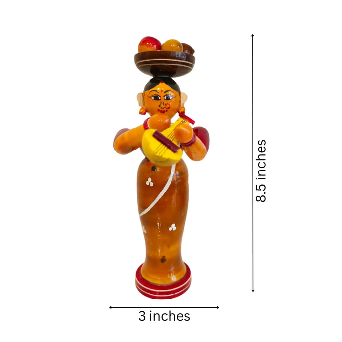 Etikoppaka Wooden Standing Woman Musician with Head Load   Etikoppaka Lacquerware