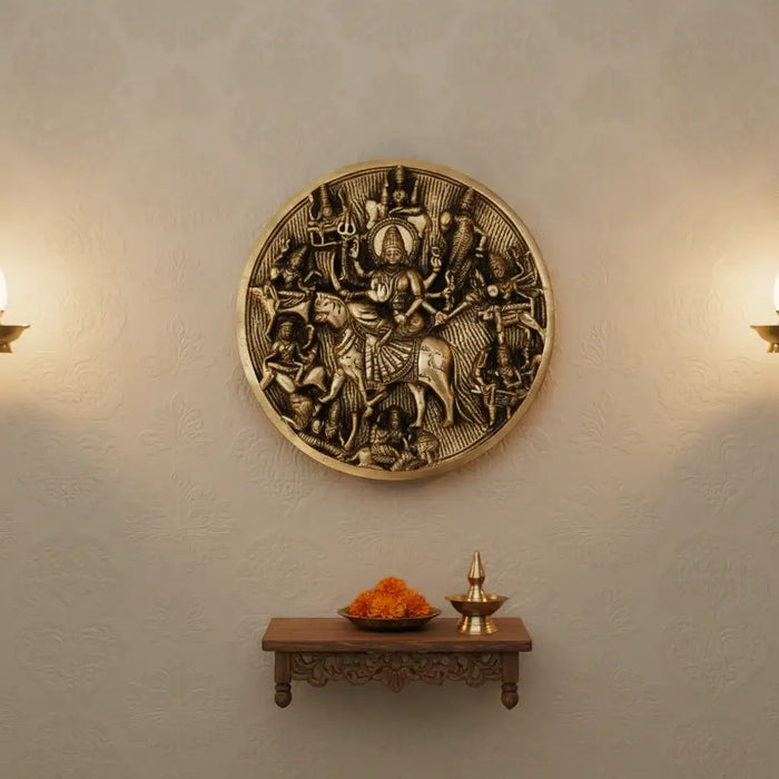Brass ware Vishnu and Durga hanging sculpture, vibrant devotional art.