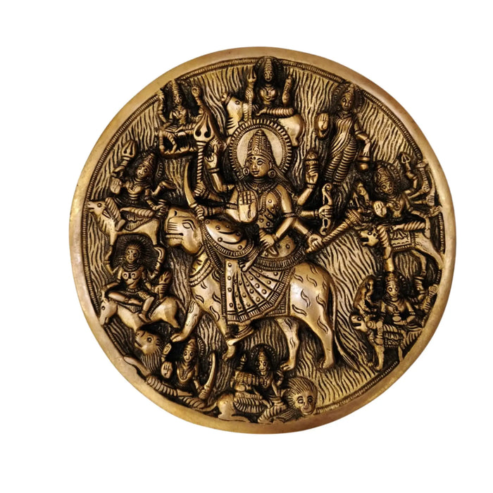 Brass Vishnu and Durga hanging centerpiece, devotional art.