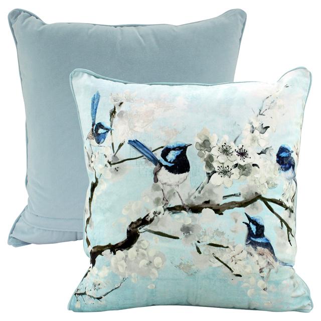 FAIRY WRENS ON A BRANCH LUXURY VELVET CUSHION 50 X 50