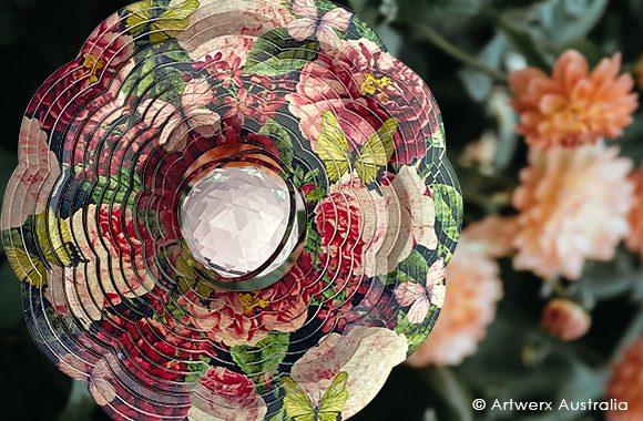 FLOWER BOUQUET WITH CRYSTAL - COLOURED - STAINLESS STEEL WIND WHIRL SPINNER