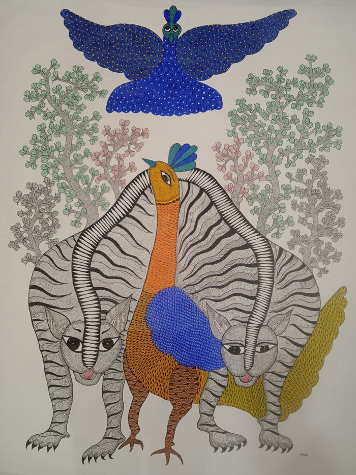 Forest Gathering – Twin Tigers & Peacock Gond Painting   Paintings