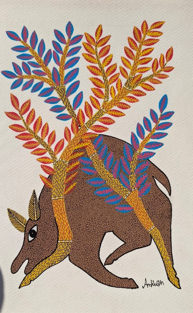 Forest Spirit Deer – Handcrafted Gond Painting   Paintings