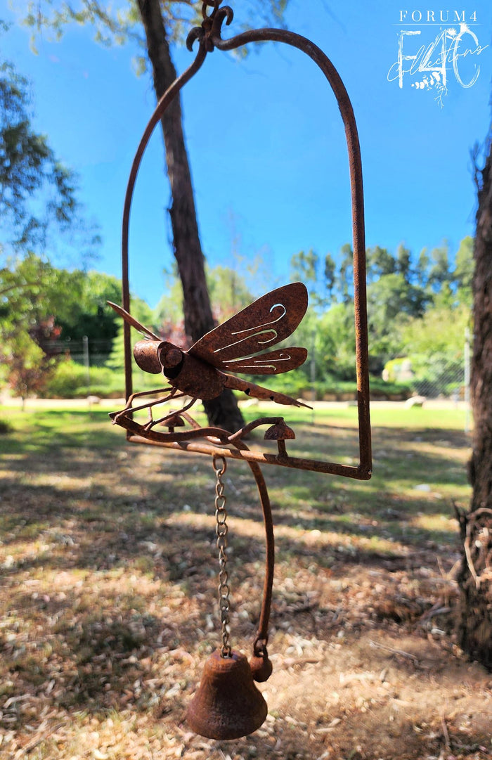 FRAMED RUSTY HANGING BELL WITH DRAGONFLY