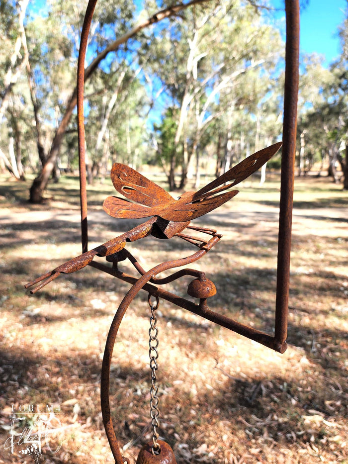 FRAMED RUSTY HANGING BELL WITH DRAGONFLY