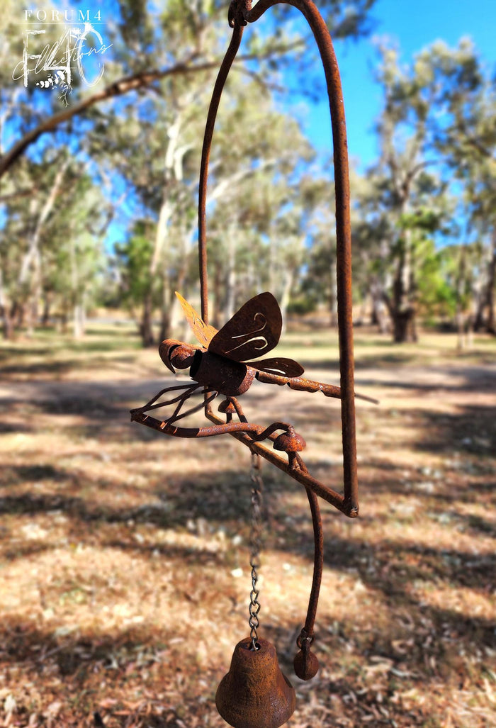 FRAMED RUSTY HANGING BELL WITH DRAGONFLY