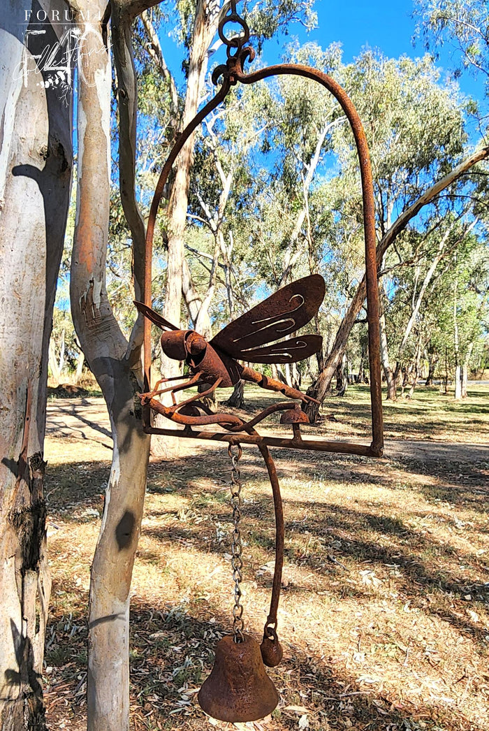 FRAMED RUSTY HANGING BELL WITH DRAGONFLY