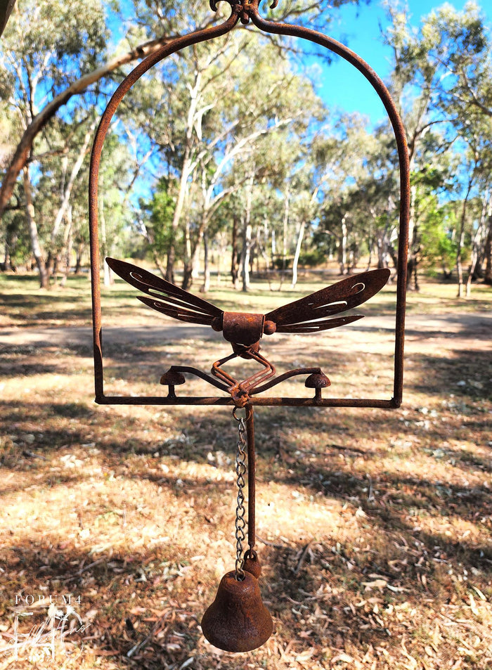 FRAMED RUSTY HANGING BELL WITH DRAGONFLY